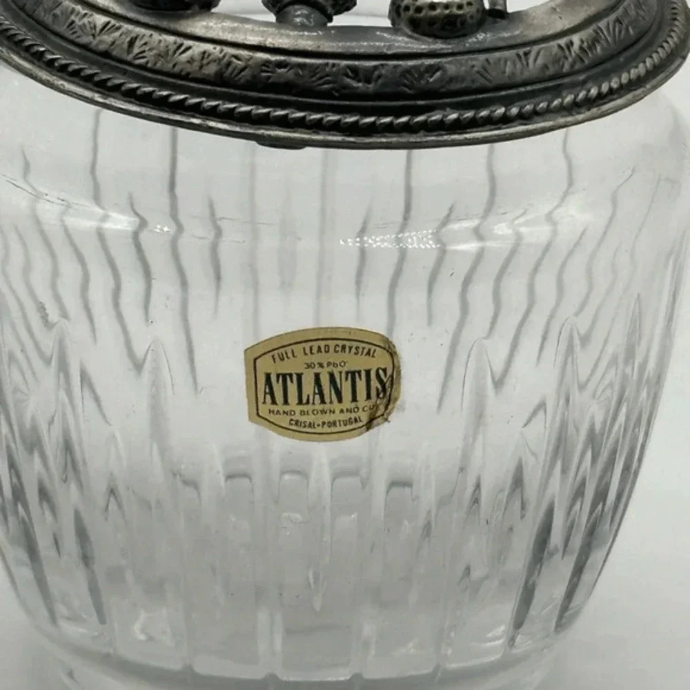 ATLANTIS Silver Mounted Lid Crystal Glass Candy Display‎ Vanity Trinket PORTUGAL